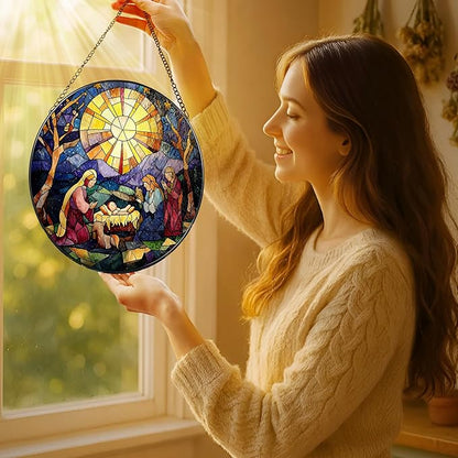 8'' Nativity Stained Glass Suncatcher, Window Hanging Decor, Religious Christmas Ornament, Christian Holiday Decor, Christian Gifts, Religious Gifts, Gift for Christmas