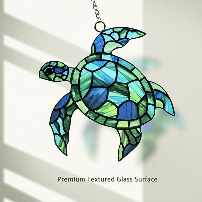 Sea Turtle Suncatcher Decor, Sea Turtles Stained Glass Window Hanging for Turtle Lovers, Wall Decor for Indoor Outdoor.