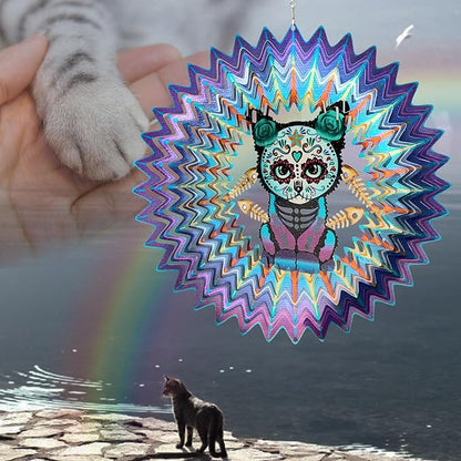 FONMY Sugar Skull Wind Spinner Cat 12inch 3D Stainless Steel Wind Sculpture Worth Gift Christmas Decor.Hanging Mandala Kitten Skull Wind Spinners Metal Yard Art Garden Decoration Indoor/Outdoor Décor