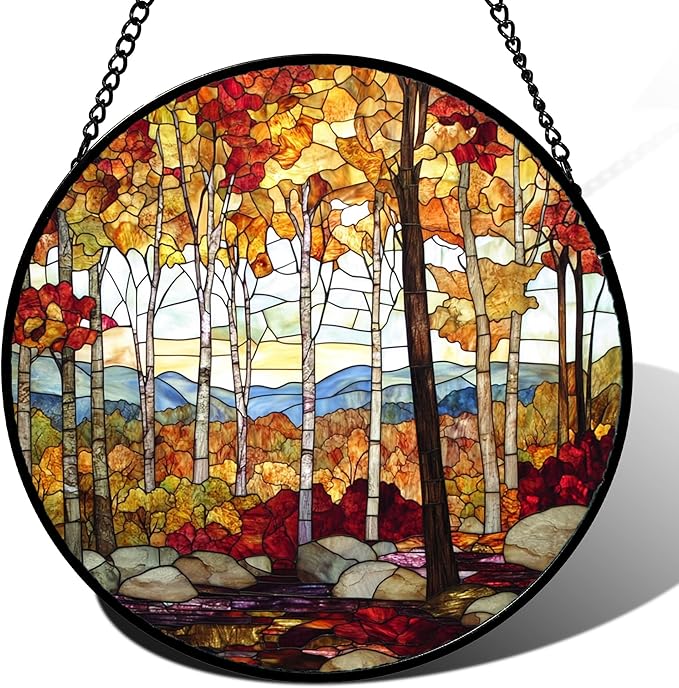 Stained Glass Window Hanging Fall Birch Tree Forest Scenery 9.8" - Suncatcher Door Garden Sun Catcher Home Decor Birthday Christmas for Mom Men Woman Friend Nana