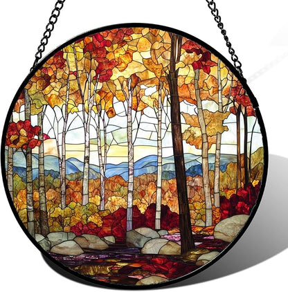 Stained Glass Window Hanging Fall Birch Tree Forest Scenery 6.3" - Suncatcher Door Garden Sun Catcher Home Decor Birthday Christmas for Mom Men Woman Friend Nana