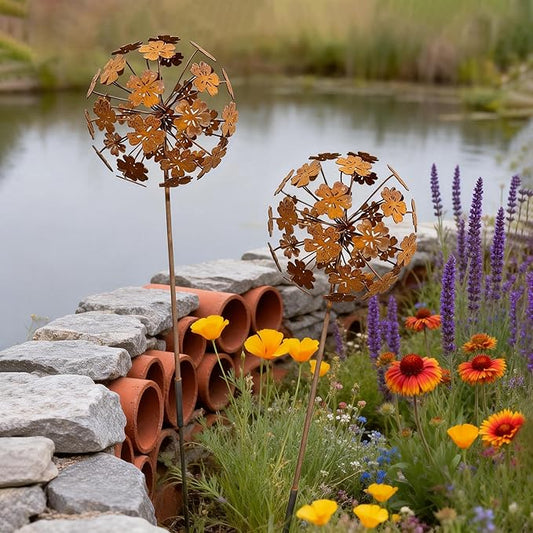 2 Pack Metal Flower Stakes for Outside, 3D Rusty Metal Plants Garden Statues Yard Art, Outdooor Decorative Garden Stake for Flower Bed Lawn Balcony Flower Pot (Style 2)