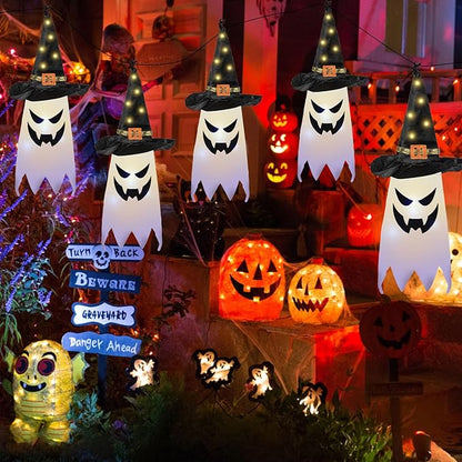 Halloween Decorations Outdoor, 5 PCS Hanging Lighted Glowing Ghost Witch Hat Outdoor Ornaments, Halloween Decor for Party Home Tree Garden Yard Party Favors