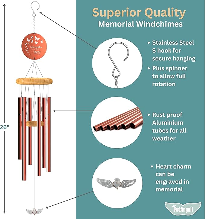 Sympathy Memorial Wind Chimes for Loss of Loved One - Large 26" Bronze Bereavement Gift for Outdoors, in Memory of Mother, Father, or Dog