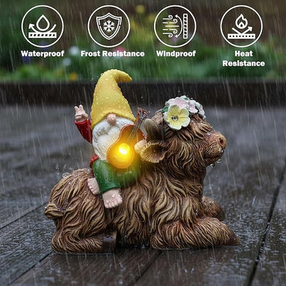Spring Garden Paly The Violin Gnome Highland Cow Solar Statues, Summer Gnome Outdoor Resin Sculpture Decor for Home Table Patio Lawn Yard Porch Balcony, Housewarming