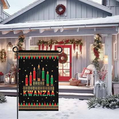 Kwanzaa Garden Flag Double Sided Polyester Yard Banner with Kinara and Red Black Green Candles Holiday Outdoor Flags for African American Heritage Celebration Décor 12x18 Inch