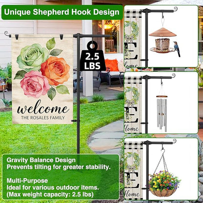 Garden Flag Stand Holder with Shepherd Hooks for 28 x 40 Flag, 63 Inch Height with 3/4 Inch Extra Thick Heavy Duty Garden Flag Pole with 4 Prong Base for Outside Home Yard Patio Decor