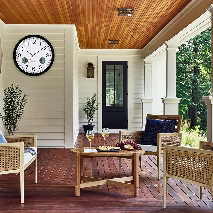 jomparis Outdoor Clock Waterproof with Thermometer Combo Metal Frame Silent Wall Clock for Patio Pool 12 Inch