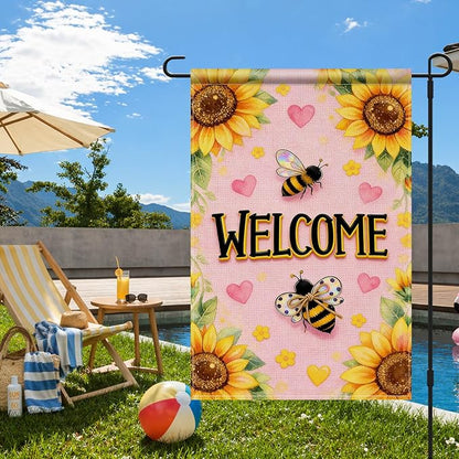 IVN Spring Summer Garden Flag 12x18 Inch – Welcome Sunflower Bee Outdoor Flag, Double Sided Burlap Farmhouse Yard Flag for Porch Lawn Patio Seasonal Home Decor
