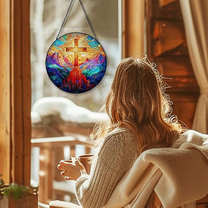 Christian Cross Suncatcher Stained Glass Window Hanging, Christian Sunset Landscape Sun Catchers Indoor Window Glass Round Wall Decor, Religious Cross Wall Art Hanging Decorations, ＂7.8x7.8＂