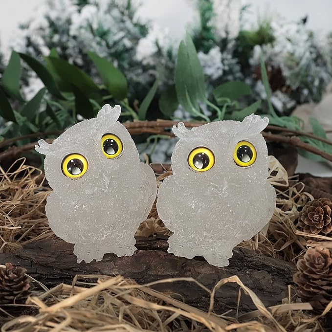 Nupuyai 3 inches Orgone Resin Crystal Chips Tumbled Stone Owl Statue, Mini Hand Carved Stone Crystal Animal Figurines for Tabletop Indoor Outdoor, Rock Quartz