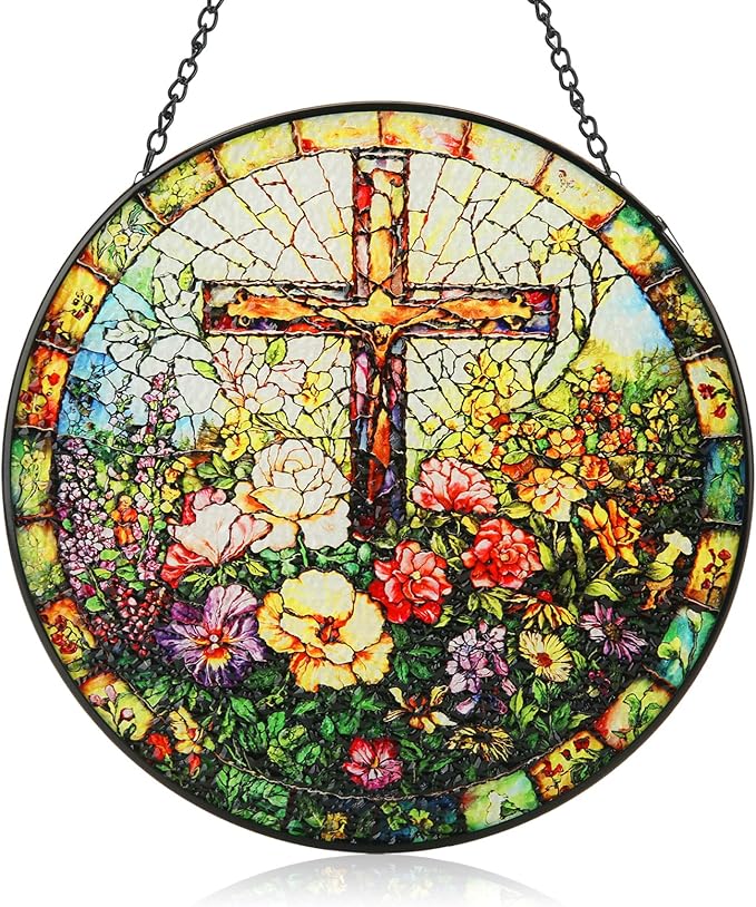 Stained Glass Window Hanging, 8inch Stained Glass Cross Suncatcher Christian Decor for Home Kitchen Office Garden Birthday Mother's Day Easter Religious Gifts for Women Grandma Grandparents