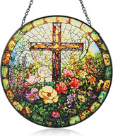 Stained Glass Window Hanging, 8inch Stained Glass Cross Suncatcher Christian Decor for Home Kitchen Office Garden Birthday Mother's Day Easter Religious Gifts for Women Grandma Grandparents