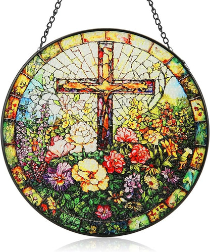 Stained Glass Window Hanging, 8inch Stained Glass Cross Suncatcher Christian Decor for Home Kitchen Office Garden Birthday Mother's Day Easter Religious Gifts for Women Grandma Grandparents