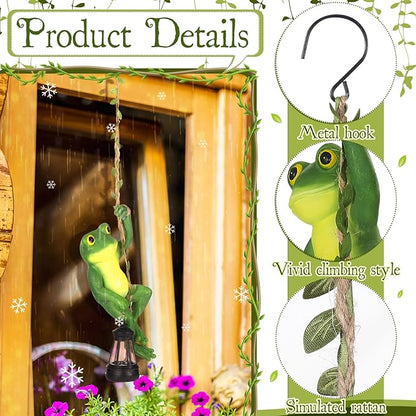 Kathfly Solar Light Hanging Frog Figurine with LED Lantern 7.48 Inch Waterproof Resin Cute Frog Climbing on Vine with Hook for Yard Garden Wall Decor Mother's Day Housewarming Gift
