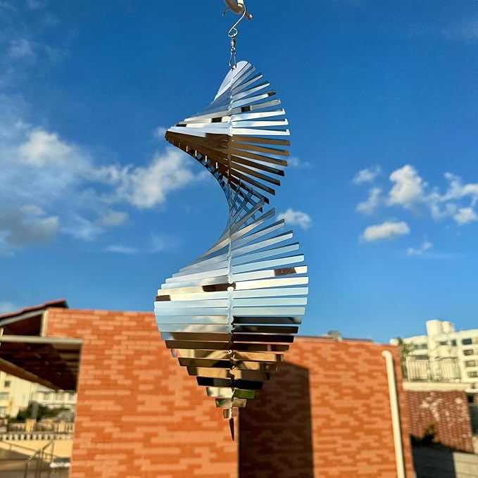 Hanging Wind Spinners,3D Spiral Highly Reflective Stainless Steel Metal Wind Spinner Outdoor Garden Decor,Bird Devices Deterrent to Scare Away Yard Birds 13.8in