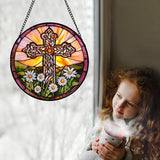 DASTOLL Christian Gifts for Women - Cross Stained Glass Window Hanging Jesus Easter White Daisy Flower Sun Catcher Garden Religion Decor Mother's Day Catholic Gift for Men Grandma Nana Her 15"