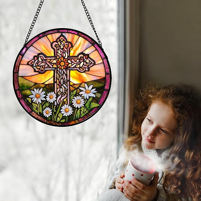 DASTOLL Christian Gifts for Women - Cross Stained Glass Window Hanging Jesus Easter White Daisy Flower Sun Catcher Garden Religion Decor Mother's Day Catholic Gift for Men Grandma Nana Her 6.3"