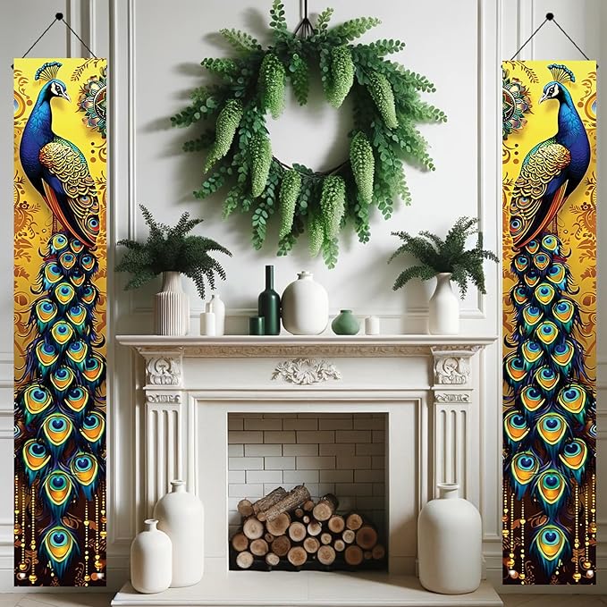 Peacock Porch Banners 180x30 CM Elegant Golden Peacock Decorations Hanging Door Signs Outdoor Home Decor Entryway Welcome Banner for Porch Patio Garden Party