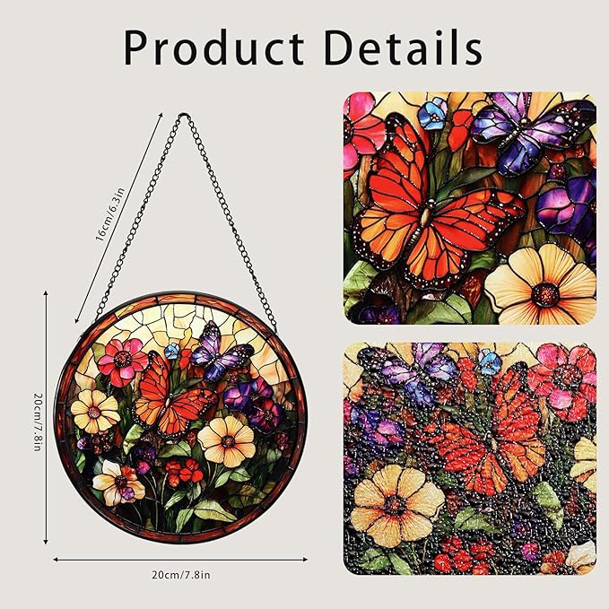 Stained Glass Window Hanging Butterfly 7.8 Inch Wildflowers Suncatcher Glass Panel Boho Window Decor with Chain Round Glass for Garden Wall Birthday Party Housewarming Gifts