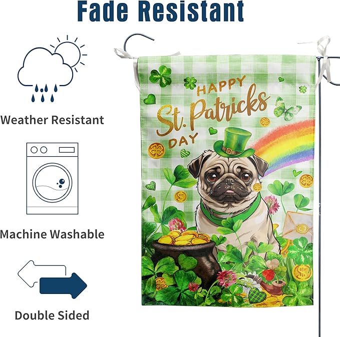 Pug St Patricks Day Garden Flag Dog St Patrick's Day Yard Flags for Outside 12x18 Double Sided Buffalo Plaid Shamrock Flag Small Outdoor Rainbow St Patrick's Decor