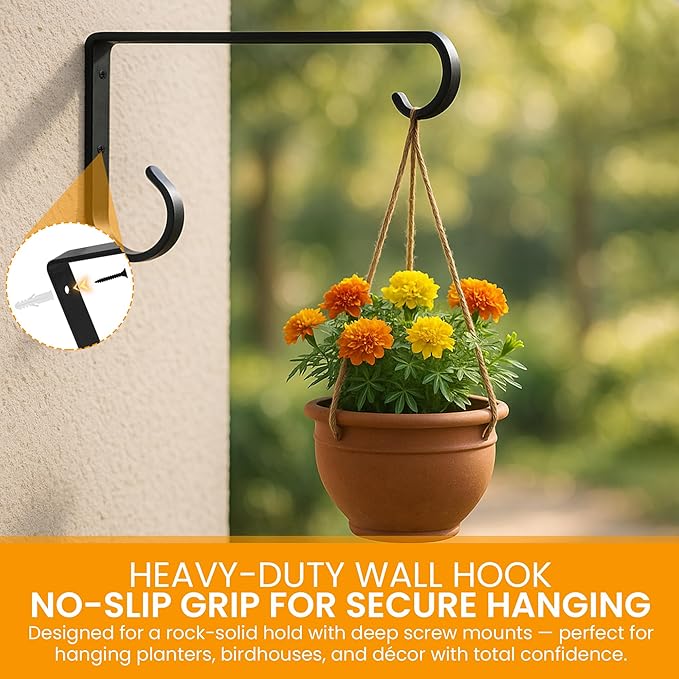 Harrier Hardware Metal Plant Hangers Outdoor - Wall Mounted Hanging Plant Bracket, 6 Inches, Set of 2, Ideal for Small Plants, Bird Feeders, Wind Chimes (Black)
