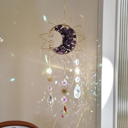 Sun & Crescent Crystal Suncatcher, Crystal Hanging Prism, Rainbow Makers, Housewarming Gift, Garden Decoration, Window Ornament (Purple)