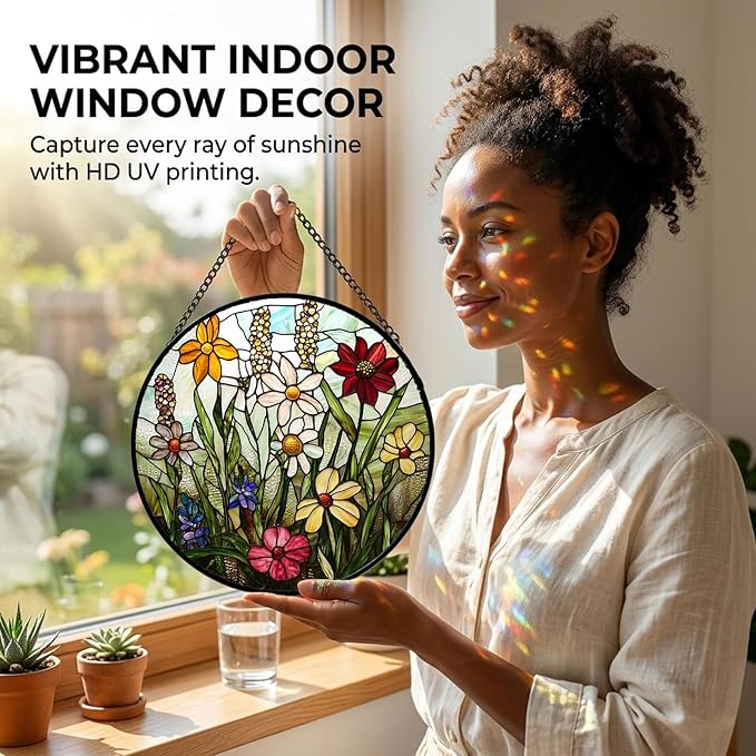 Birthday Gifts for Women - Wildflowers Faux Stained Glass Window Hanging Sun Catcher for Door Garden Acrylic Decor Mother's Day Christmas for Mom Nana Grandma Sisters Wife 7.8"