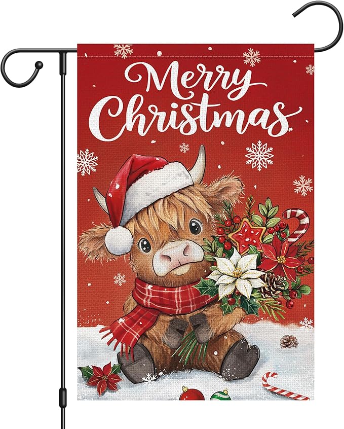 Heyfibro Merry Christmas Highland Cow Garden Flag 12x18 Inch Double Sided Burlap, Winter Snowflake Yard Flags for Holiday Xmas Seasonal Outdoor Decoration(ONLY FLAG)
