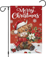 Heyfibro Merry Christmas Highland Cow Garden Flag 12x18 Inch Double Sided Burlap, Winter Snowflake Yard Flags for Holiday Xmas Seasonal Outdoor Decoration(ONLY FLAG)