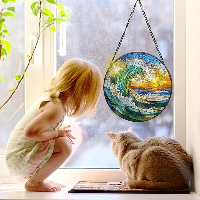 Bimkole Sun Waves Stained Glass Suncatcher Window Hanging - Landscape Indoor Window or Doorway Decoration - Handmade Sun Catcher Decor for Garden Home Christmas & Birthday Gifts 7.87x7.87 Inch