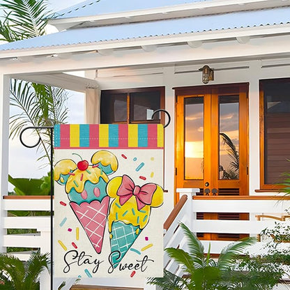 Summer Ice Cream Decorative Garden Flag, Stay Sweet Dessert Sprinkles Burlap Yard Home Decoration, Cute Pink Bow Small Outside Outdoor Decor Double Sided 12 x 18