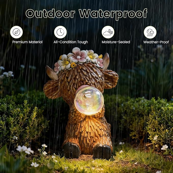 AVEKI Solar Highland Cow Garden Statue, Whimsical Bubble-Blowing Design with Solar Lights, Waterproof Resin Outdoor Decor for Patio, Yard, Lawn, Unique Gift for Mom, Grandma & Garden Lovers