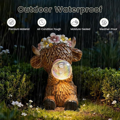 AVEKI Solar Highland Cow Garden Statue, Whimsical Bubble-Blowing Design with Solar Lights, Waterproof Resin Outdoor Decor for Patio, Yard, Lawn, Unique Gift for Mom, Grandma & Garden Lovers