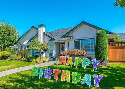 Happy Birthday Yard Sign with Metal Stakes - 16” Outdoor Lawn Decorations, Weather-Resistant Letters, birthday party supplies gift for Kids & Adults (Glitter)