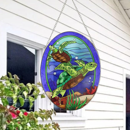 Hanging Ornament, Sea Turtle Stained Glass Window Hangings Suncatcher, 10 inches, Multicolored Ocean Themed Decor for Home, Garden, Indoor Outdoor Use