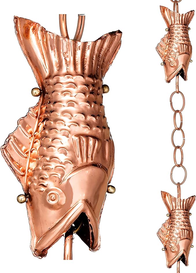 Good Directions 487P-8 Fish Rain Chain - 8.5 ft., with 4 Large Figures, Large Cups 100% Pure Copper