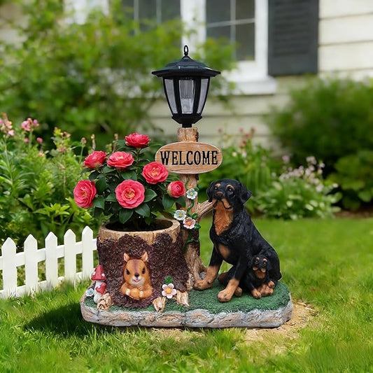 Solar Light Animal Outdoor Statue Planter with Welcome Sign, Resin Garden Sculpture Flower Pot for Patio Lawn Porch Yard Courtyard Decor, Weather-Resistant Decorative Figurine Accent (K)