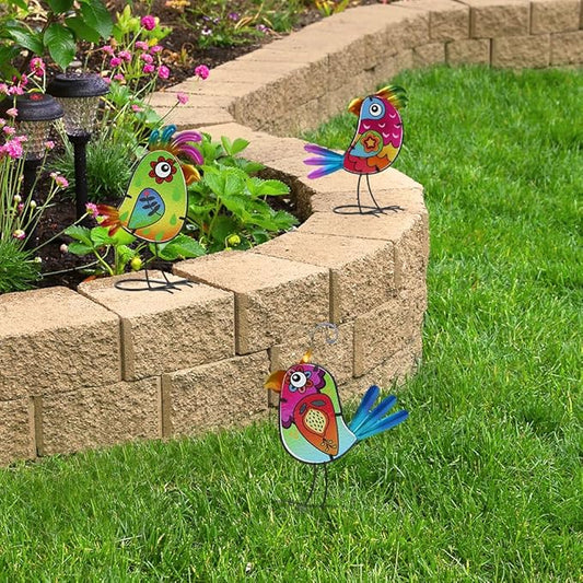 3 Pack Garden Outdoor Metal & Glass Bird Yard Art Decor, Yard Art Decoration for Porch Patio, Garden Statues Sculpture Gifts for Grandma Mom Women (Colorful)
