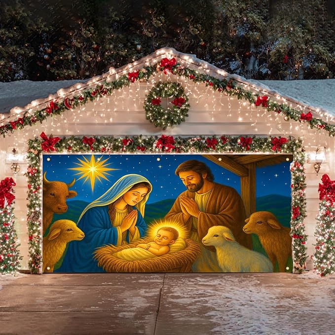 HOMETITUTE Christmas Garage Door Banner 13x6ft Nativity Scene Holy Family Star Backdrop Banners for Outside Indoor Winter Door Cover Garage Wall Covering for Party Garage Decorations