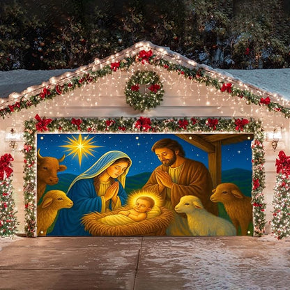 HOMETITUTE Christmas Garage Door Banner 13x6ft Nativity Scene Holy Family Star Backdrop Banners for Outside Indoor Winter Door Cover Garage Wall Covering for Party Garage Decorations