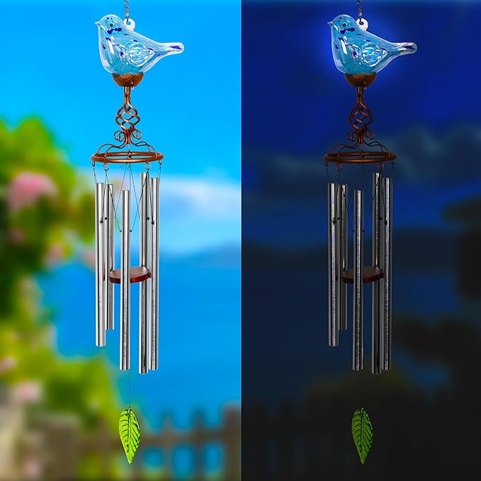 Solar Glass Bird Shape Wind Chimes, LED, Outdoor Glass and Metal Decoration for Lawn and Patio, 7 x 4 x 44 inches (Light Blue)