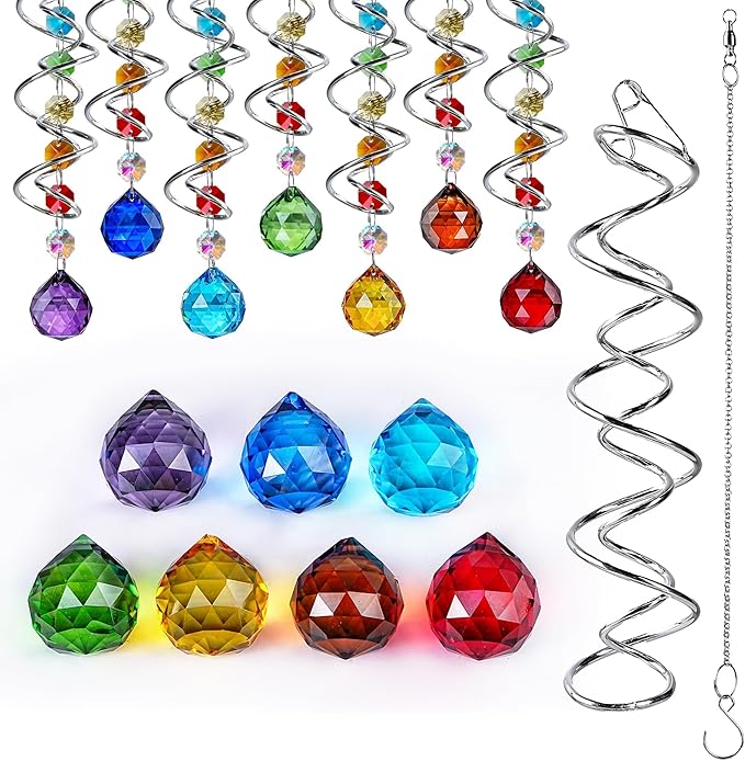 7 Chakra Crystal Sun Catcher Hanging Crystal Prisms Ornaments with 20mm Rainbow Beads for Window Garden Indoor Home Decor