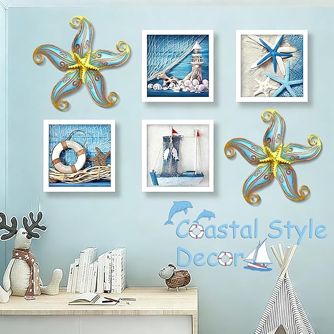 Starfish Coastal Wall Decor Art, Starfish Beach Theme Bathroom Decor for Bedroom House Home, 12" Hanging Glass Sculpture, Beach Wall Art Ocean Gifts for Women & Men (Blue)