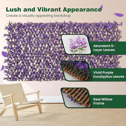 Giantex Expandable Fence Privacy Screen - Decorative Faux Purple Eucalyptus Fencing Panel for Balcony, Artificial Hedges with PE Leaves and Willow for Outdoors Garden Patio Deck Apartment, 1 Pack