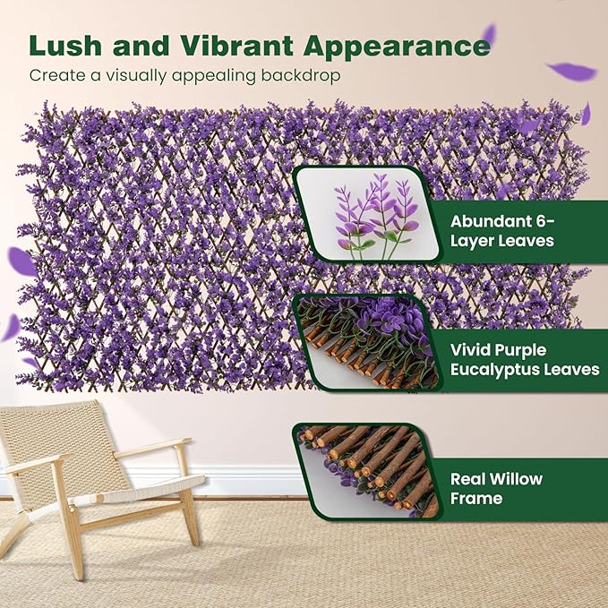 Giantex 2 Pack Expandable Fence Privacy Screen - Decorative Faux Purple Eucalyptus Fencing Panel for Balcony, Artificial Hedges with PE Leaves and Willow for Outdoors Garden Patio Deck Apartment