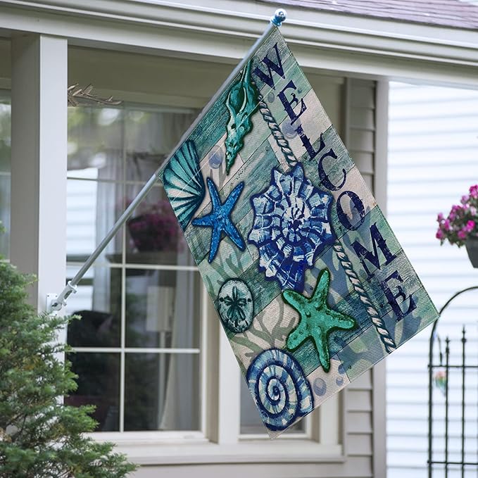 Home Decorative Welcome Summer Coastal House Flag, Nautical Beach Garden Yard Tropical Conch Starfish Shells Outside Decoration, Blue Ocean Sea Outdoor Large Decor Double Sided 28x40