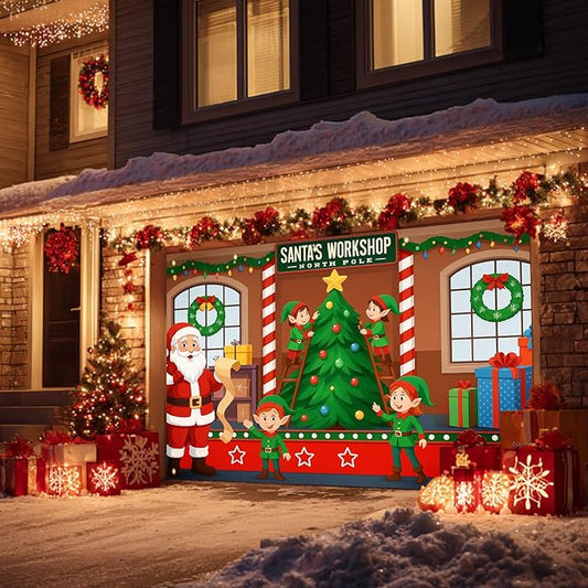 HOMETITUTE Christmas Garage Door Banner 13x6ft Santas Workshop Elves Santa Claus Theme Backdrop Banners for Outside Inside Winter Door Cover Garage Wall Covering for Party Garage Decorations