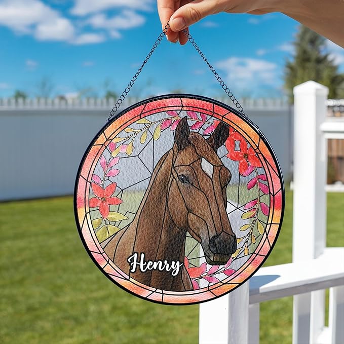 NAZENTI Personalized Horse Stained Glass Suncatcher with Photo, Custom Name Horse Ornament Window Hanging, Home Decor Gifts for Pet Day, Christmas, Memori, Sympathy Gift for Loss of Horse