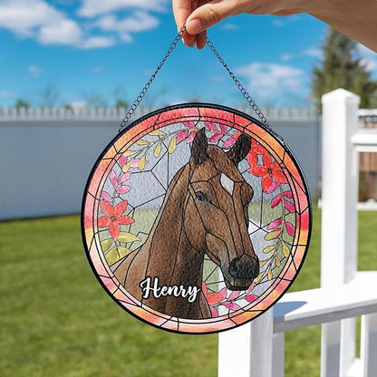 NAZENTI Personalized Horse Stained Glass Suncatcher with Photo, Custom Name Horse Ornament Window Hanging, Home Decor Gifts for Pet Day, Christmas, Memori, Sympathy Gift for Loss of Horse